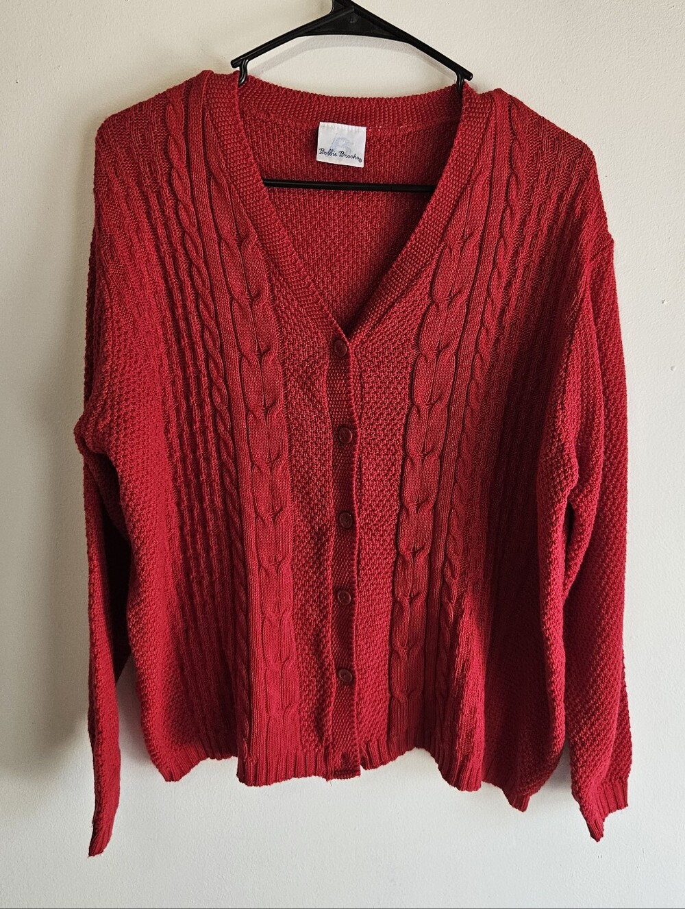 Vintage Bobbie Brooks Red Cable Knit Cardigan Sweater Button Up V-Neck